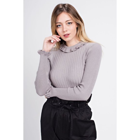 Women's Casual Ruffled Ribbed Turtle Neck Long Sleeve Sweater - Picture 7 of 10